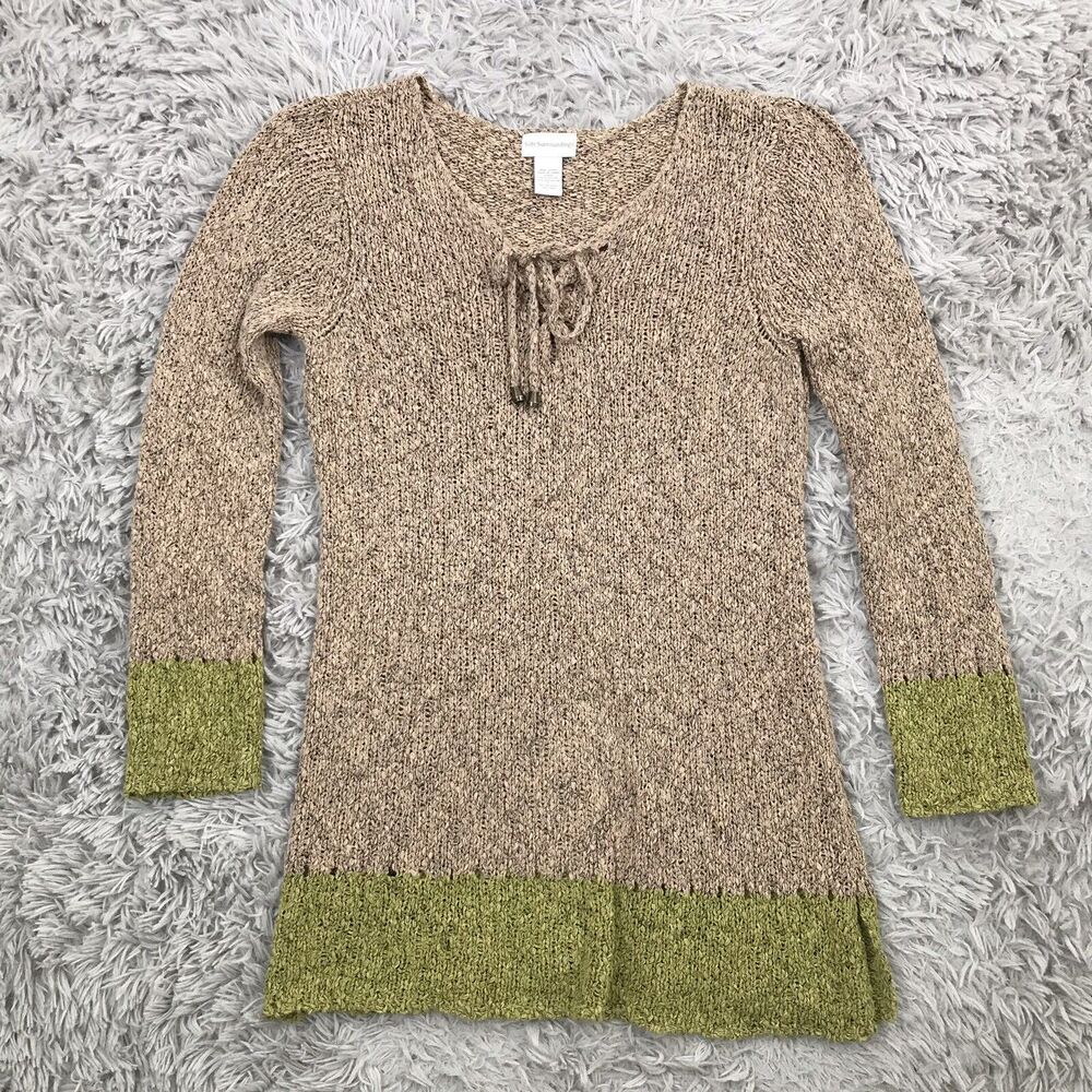 Soft Surroundings Sweater Open‎ Weave Brown Green Stripe Lace Up V-Neck Tunic L - Picture 3 of 7